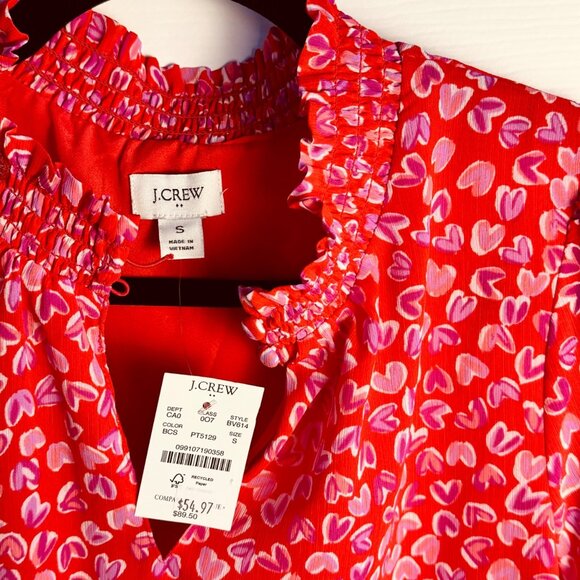 J.Crew Women’s Red Pink Heart Print Smocked Neck Feminine Blouse Size Small NWTD - Picture 10 of 10